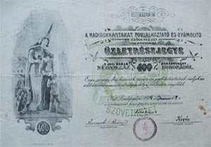 Hadirokkantakat Foglalkoztató és Gyámolító Szövetkezet üzletrészjegy 5x400 korona 1924