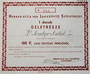 Hernád ucca 56/B Lakásépítő Szövetkezet üzletrész 100 pengő 1943