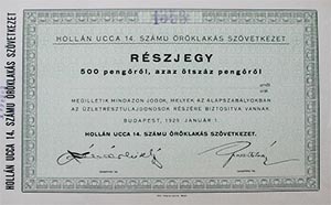 Hollán ucca 14. számú Öröklakás Szövetkezet részjegy 500 pengő 1929