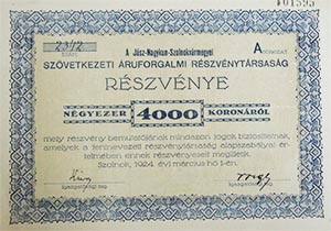 Jász-Nagykun-Szolnokvármegyei Szövetkezeti Áruforgalmi Részvénytársaság részvény 4000 korona 1924 Szolnok