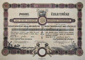 Kassai Takarékegylet mint Szövetkezet üzletrész 100 korona 1923 Kassa