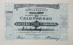 Keresztény Agrártermelő Ipari és Kereskedelmi Szövetkezet üzéetrész 10x10 100 pengő 1944