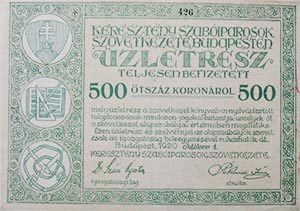 Keresztény Szabóiparosok Szövetkezete Budapesten üzletrész 500 korona 1920