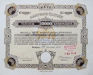 Kéve Ruházati Áruház Szövetkezet alapítványi üzletrész 10000 korona 1924
