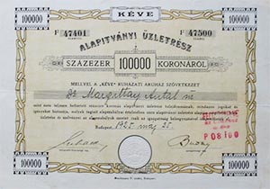 Kéve Ruházati Áruház Szövetkezet alapítványi üzletrész 100000 korona 1925