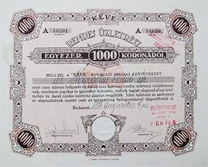 Kéve Ruházati Áruház Szövetkezet rendes üzletrész 1000 korona 1924