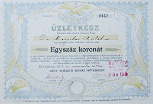 Kéve Ruházati Áruház Szövetkezet üzletrész 100 korona 1921