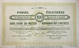 Koronabank mint Szövetkezet üzletrész 100 csehszlovák korona 1933 Kassa