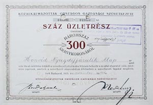Közalkalmazottak Országos Gazdasági Szövetkezete üzletrész 100x3 (300) aranykorona 1925