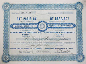 Központi Bank mint Szövetkezet K. F. Kassa részjegy 500  csehszlovák korona 1932