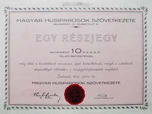 Magyar Husiparosok Szövetkezete részjegy 10 pengő 1932