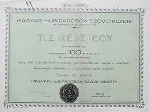 Magyar Husiparosok Szövetkezete részjegy 100 pengő 1932