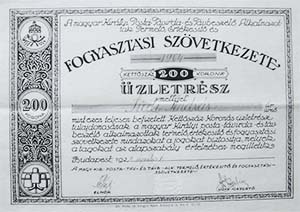 Magyar Királyi Posta Távirda és Távbeszélő Alkalmazotttak Termelő Értékesítő és Fogyasztási Szövetkezete üzletrész 200 korona 1920