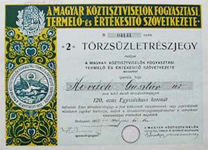 Magyar Köztisztviselők Fogyasztási, Termelő és Értékesítő Szövetkezete törzsüzletrészjegy 120 korona 1923