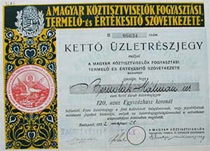 Magyar Köztisztviselők Fogyasztási, Termelő és Értékesítő Szövetkezete üzletrészjegy 120 korona 1922