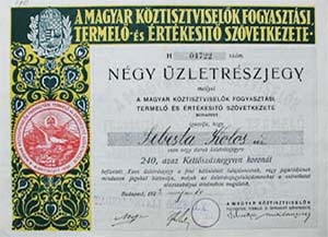 Magyar Köztisztviselők Fogyasztási, Termelő és Értékesítő Szövetkezete üzletrészjegy 240 korona 1923