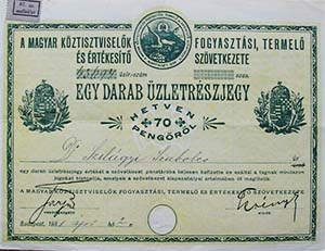 Magyar Köztisztviselők Fogyasztási, Termelő és Értékesítő Szövetkezete üzletrészjegy 70 pengő 1931