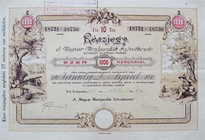 Magyar Mezőgazdák Szövetkezete részjegy 10x100 1000 korona 1921