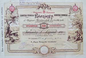 Magyar Mezőgazdák Szövetkezete részjegy 25x100 2500 korona 1920