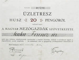 Magyar Mezőgazdák Szövetkezete üzletrész 20 pengő 1926
