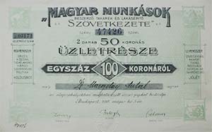 Magyar Munkások Beszerző, Takarék- és Lakásépítő Szövetkezete üzletrész 100 korona 1918