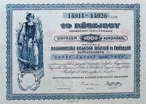 Magyarországi Kisgazdák Beszerző és Értékesítő  részjegy 10x100 1000 korona 1918