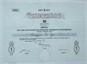 MEGA Magyar Hegyvidéki Bortermelők Értékesítő Szövetkezete üzletrész 10 pengő 1942