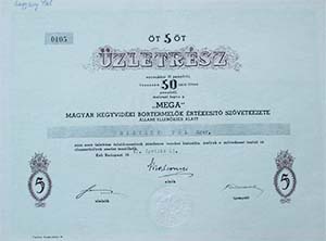 MEGA Magyar Hegyvidéki Bortermelők Értékesítő Szövetkezete üzletrész 50 pengő 1942