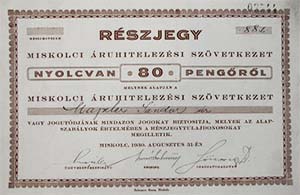 Miskolci Áruhitelezési Szövetkezet részjegy 80 pengő 1930 Miskolc