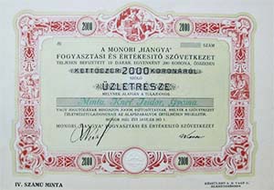 Monori Hangya Fogyasztási és Értékesítő Szövetkezet üzletrész 2000 korona 1923 MINTA