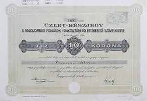 Nagyszombati Polgárok Fogyasztási és Értékesítő Szövetkezet üzletrészjegy 10 korona 1914