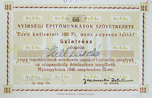 Nyírségi Építőmunkások Szövetkezete üzletrész 100 forint 1946 Nyíregyháza