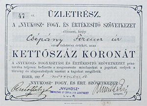 Nyukosz Fogyasztási és Értékesítő Szövetkezet üzletrész 200 korona 1921 Eger