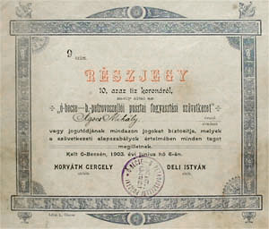Óbecse-B.Petrovoszellói Pusztai Fogyasztási Szövetkezet részjegy 10 korona 1903
