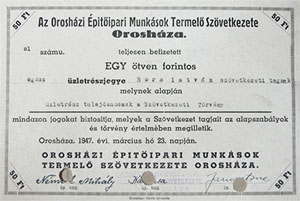 Orosházi Építőiparimunkások Termelő Szövetkezete  üzletrészjegy 50 forint 1947 Orosháza