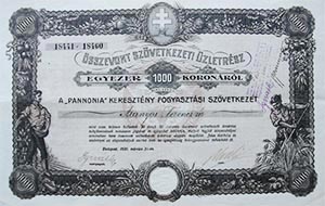 Pannonia Keresztény Fogyasztási Szövetkezet összevont üzletrész 1000 korona 1920