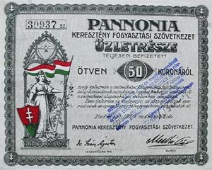 Pannonia Keresztény Fogyasztási Szövetkezet üzletrész 50 korona 1920