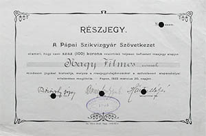 Pápai Szikvízgyár Szövetkezet  részjegy 100 korona 1922