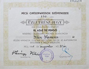 Pécsi Cipésziparosok Szövetkezete üzletrészjegy 10 pengő 1941 Pécs