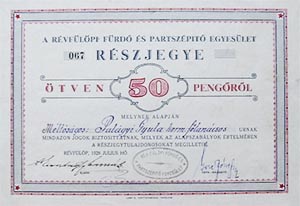 Révfülöp Fürdő és Partszépítő Egyesület részjegy 50 pengő 1928