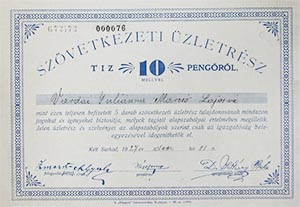 Sarkadi Hangya Szövetkezet üzletrész 10 pengő 1927 Sarkad