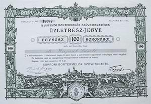 Soproni Bortermelők Szövetkezete üzletrészjegy 100 korona 1920 Sopron