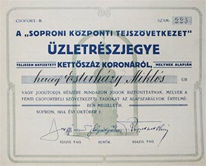 Soproni Központi Tejszövetkezet üzletrészjegy 200 korona 1914 Sopron