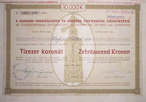 Soproni Vendéglősök és Kávésok Szikvízgyári Szövetkezete üzletrész 1000 korona 1923 Sopron