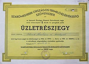 Szabómesterek Országos Termelő és Értékesítő Szövetkezete üzletrészjegy 10 pengő 1931