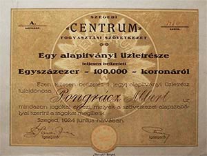 Szegedi Centrum Fogyasztási Szövetkezet alapítványi üzletrész 100000 korona 1924