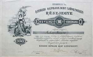Szegedi Népbank mint Szövetkezet részjegy 100 korona 1920