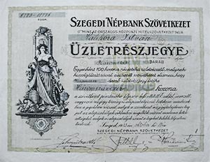 Szegedi Népbank mint Szövetkezet részjegy 100 korona 1923