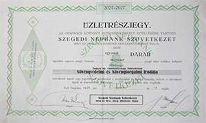 Szegedi Népbank mint Szövetkezet részjegy 40 pengő 1929 Szeged