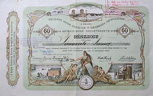 Szegedi Szállodások, Kávésok, Vendéglősök és Korcsmárosok Ipartársulatának Szikvíz-gyári Szövetkezete részjegy 60 korona 1896